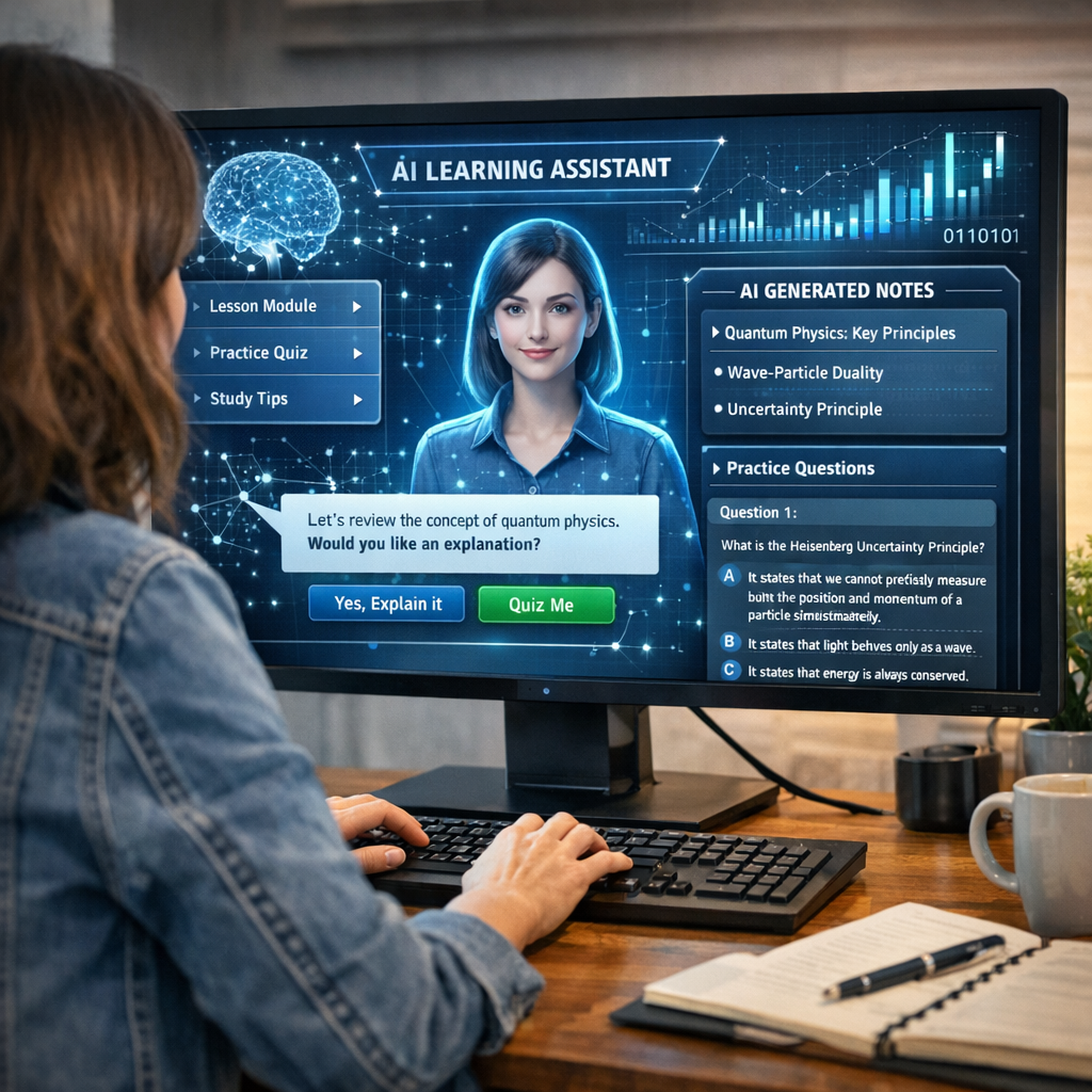 Personne travaillant sur ordinateur avec une interface d’IA, illustrant l’apprentissage assisté par intelligence artificielle